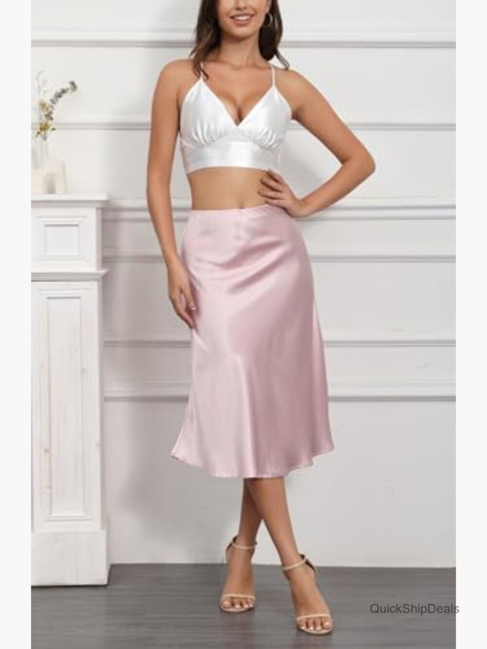Silky Satin High Waist A Line Midi Skirt Elastic Pull On - Picture 2 of 7